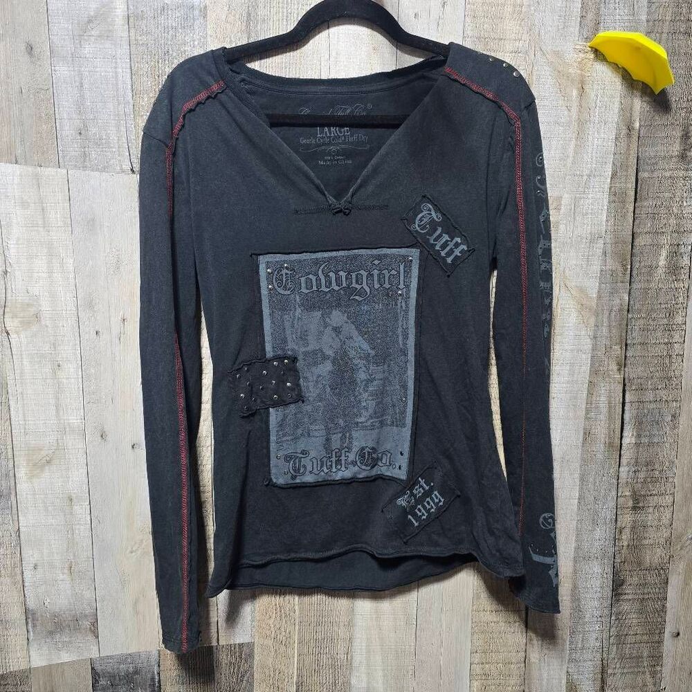 Cowgirl Tuff Black Graphic Studded Tee Large Western Horse Rodeo NFR Casual